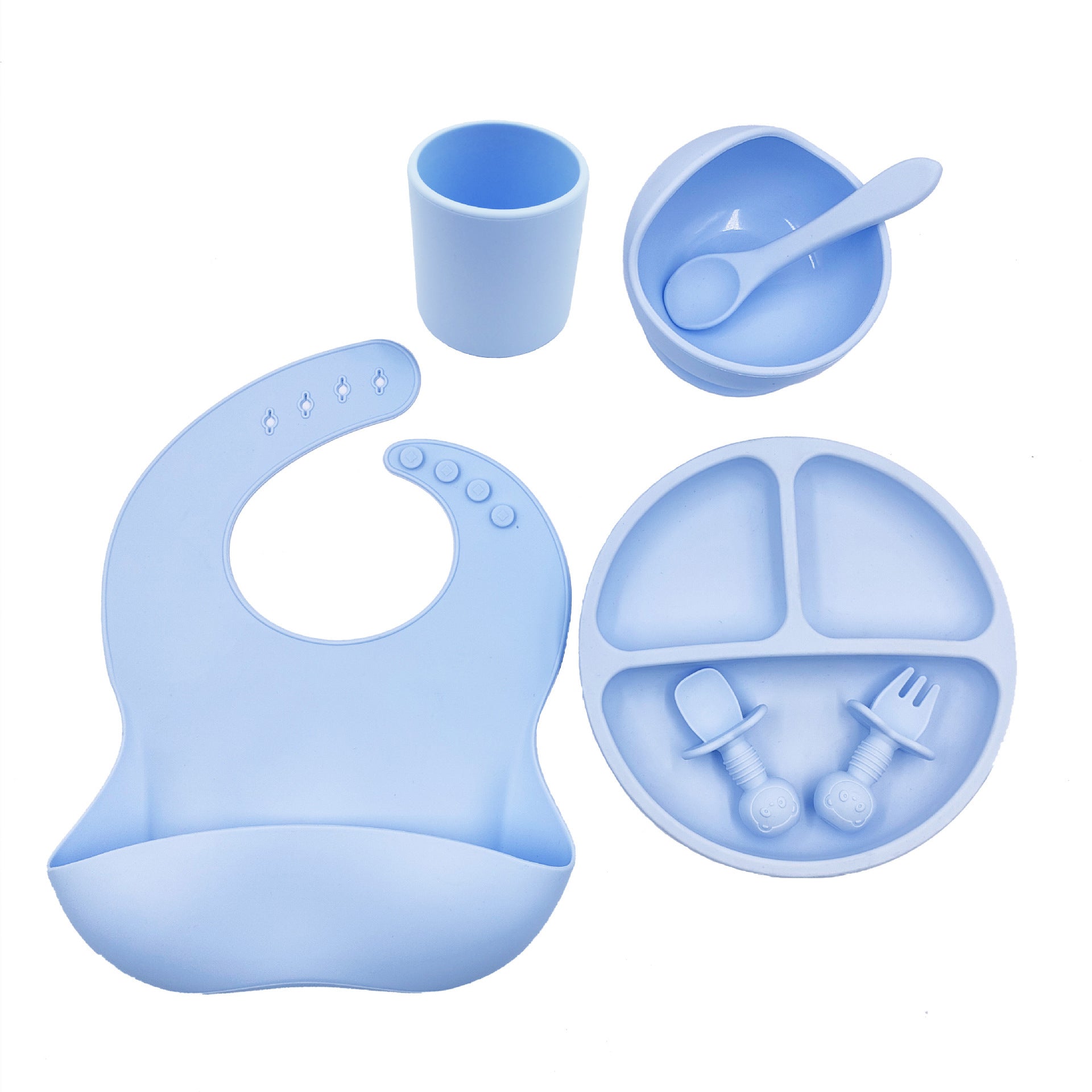 Kit Repas Bébé en Silicone – Assiette Antidérapante + Bavette + Couverts + Tasse | Idéal Diversification