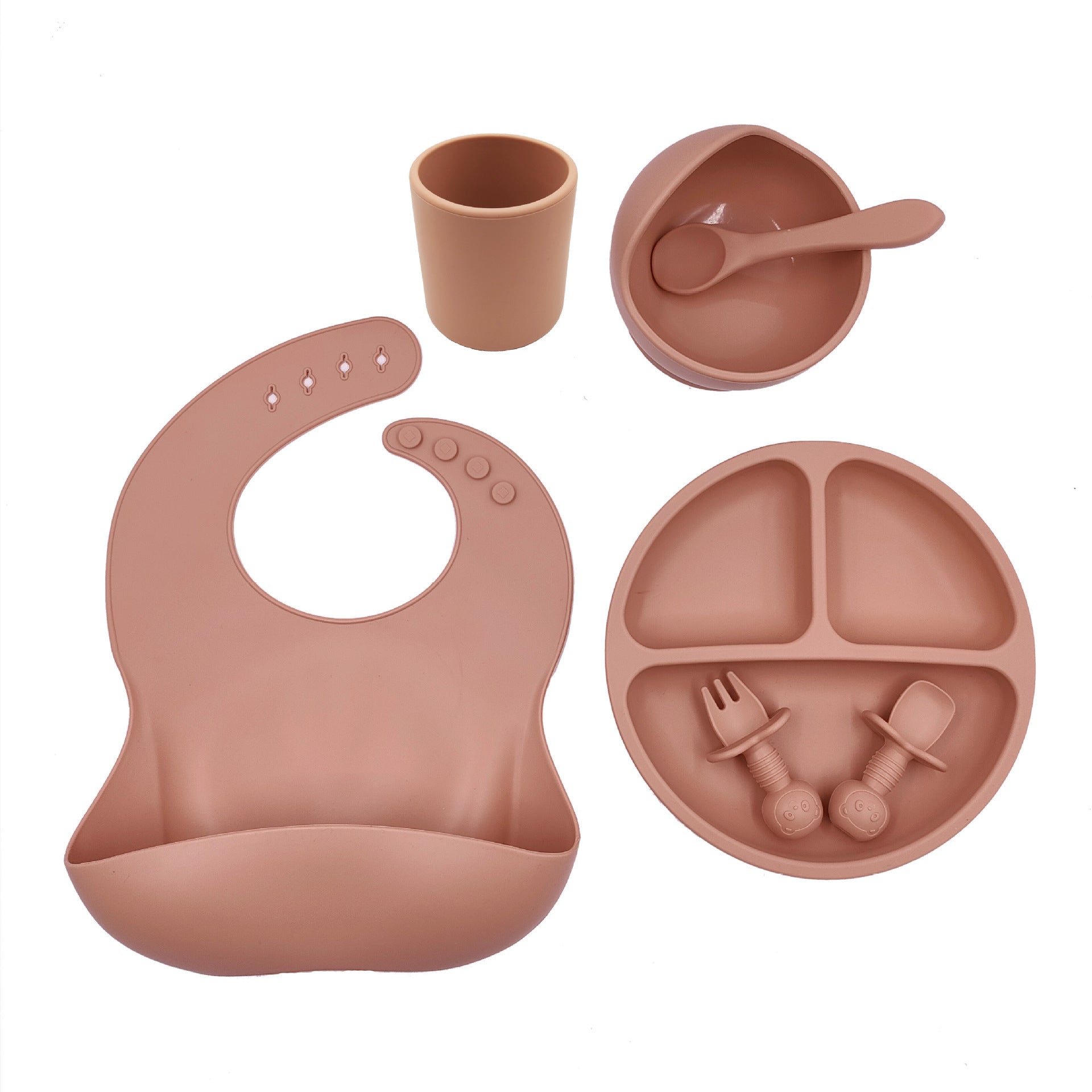 Kit Repas Bébé en Silicone – Assiette Antidérapante + Bavette + Couverts + Tasse | Idéal Diversification