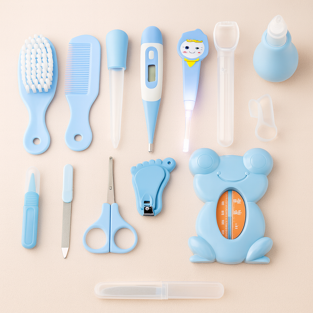 Kit de Soins Bébé Complet – 13 Accessoires Essentiels avec Trousse de Rangement | Hygiène, Sécurité & Confort