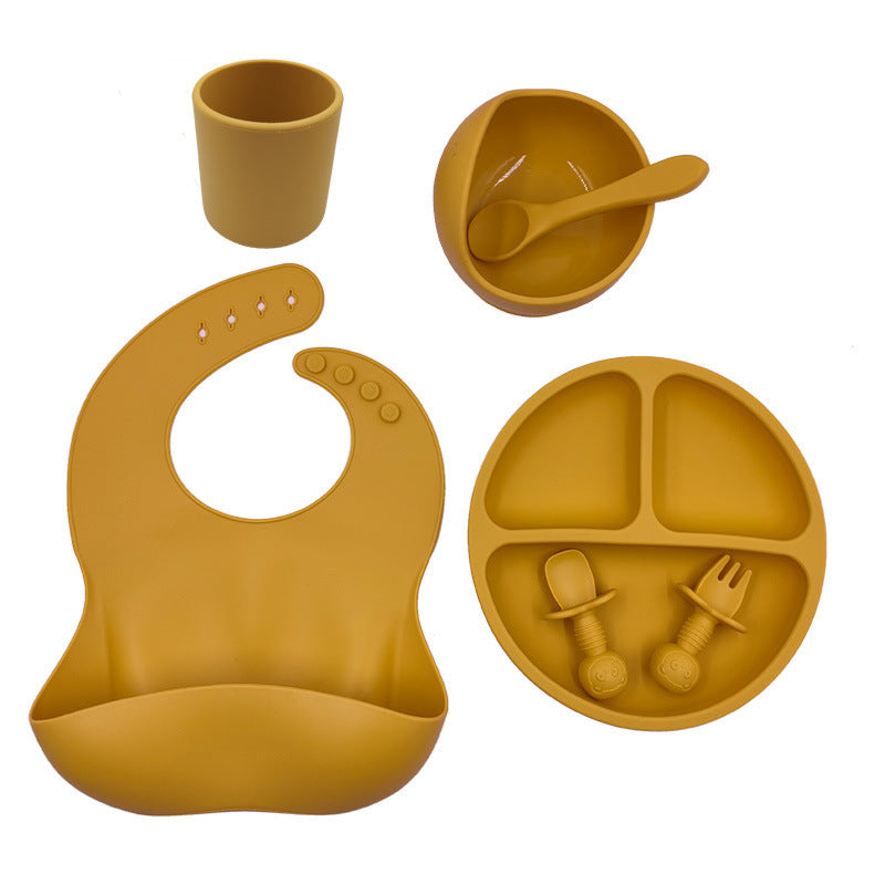 Kit Repas Bébé en Silicone – Assiette Antidérapante + Bavette + Couverts + Tasse | Idéal Diversification